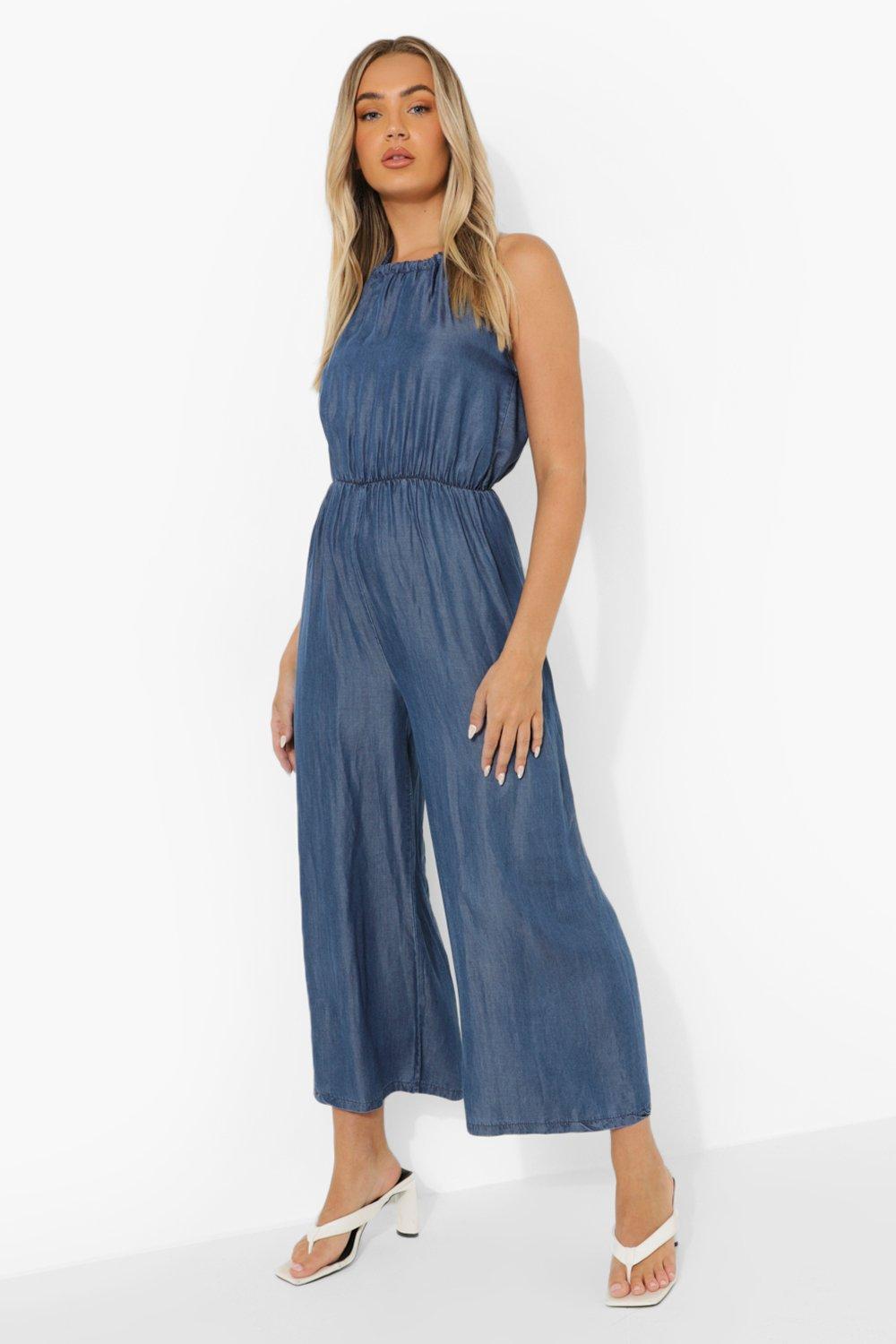 High Neck Denim Culotte Jumpsuit boohoo IE